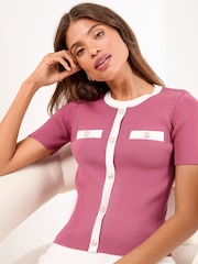 Lipsy Pink Tipped Mock Button Short Sleeve Knitted Top - Image 1 of 4