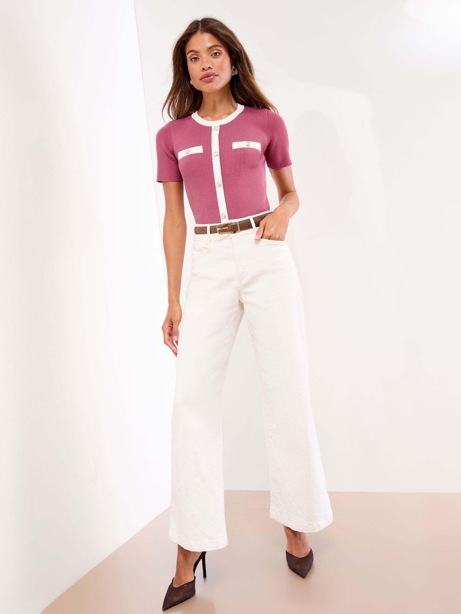 Buy Lipsy Pink Tipped Mock Button Short Sleeve Knitted Top from