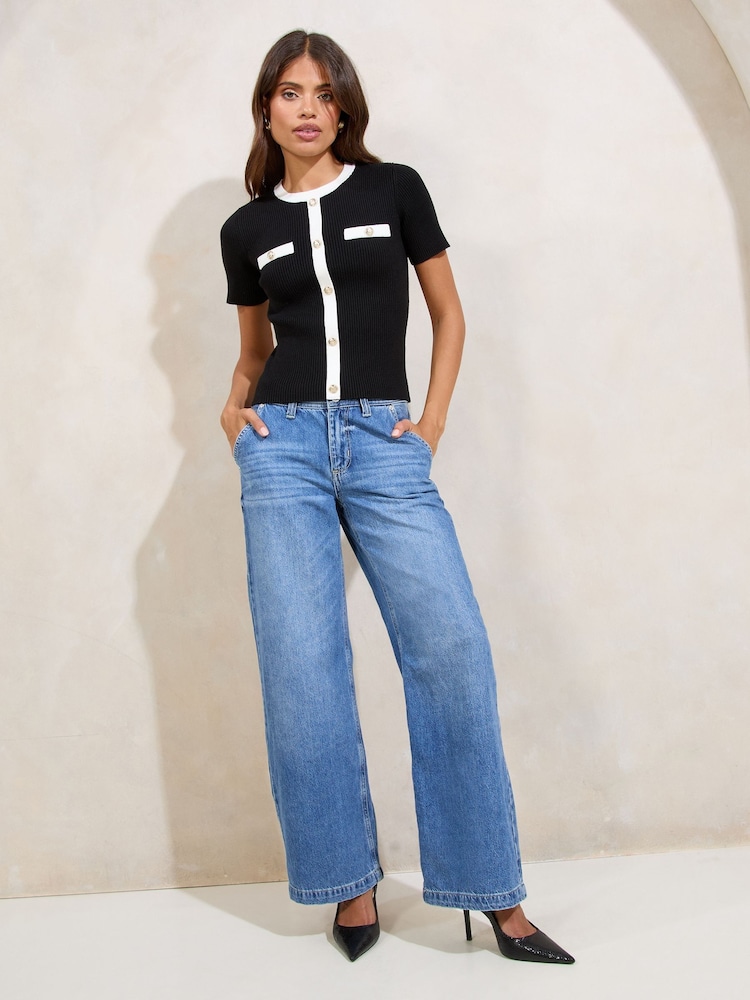 Lipsy Black Tipped Mock Button Short Sleeve Knitted Top - Image 1 of 4