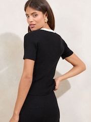 Lipsy Black Tipped Mock Button Short Sleeve Knitted Top - Image 4 of 4
