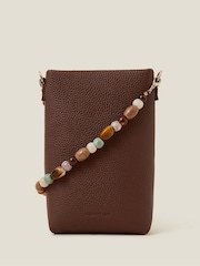 Accessorize Brown Bead Strap Faux Leather Phone Bag - Image 1 of 2