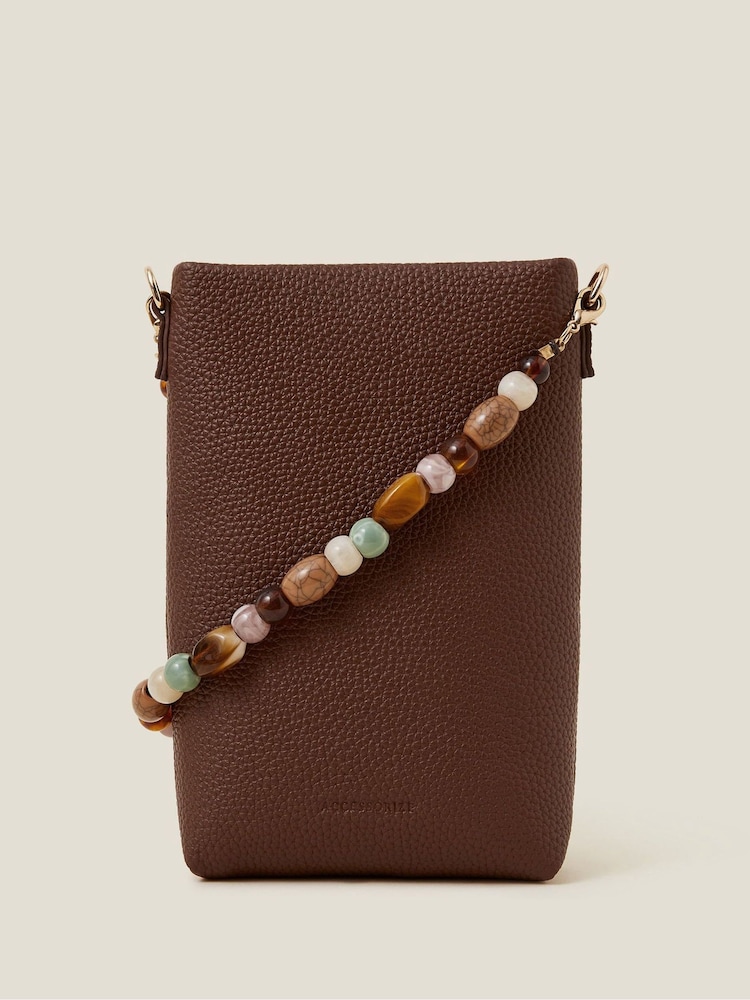 Accessorize Brown Bead Strap Faux Leather Phone Bag - Image 1 of 2 Accessorize Brown Bead Strap Faux Leather Phone Bag - Image 1 of 2