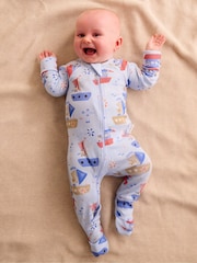 Purebaby Blue Printed 100% Cotton Zip Sleepsuit - Image 1 of 5