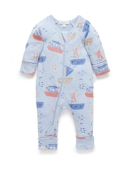 Purebaby Blue Printed 100% Cotton Zip Sleepsuit - Image 2 of 5