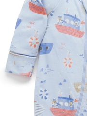Purebaby Blue Printed 100% Cotton Zip Sleepsuit - Image 4 of 5