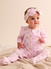 Purebaby Pink Printed 100% Cotton Zip Sleepsuit - Image 1 of 5