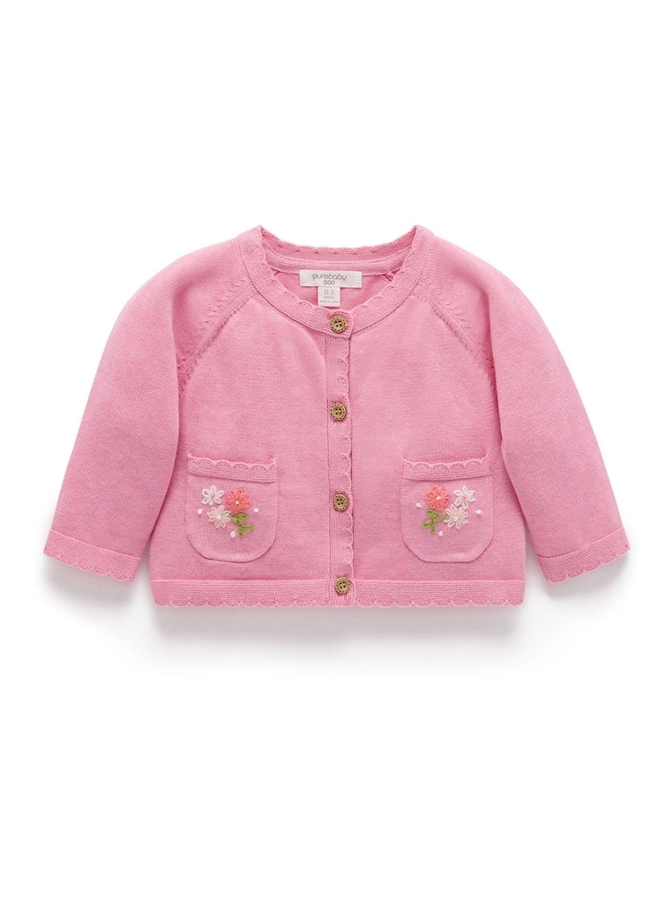 Purebaby Pink Floral Embroidered 100% Cotton Cardigan - Image 2 of 4