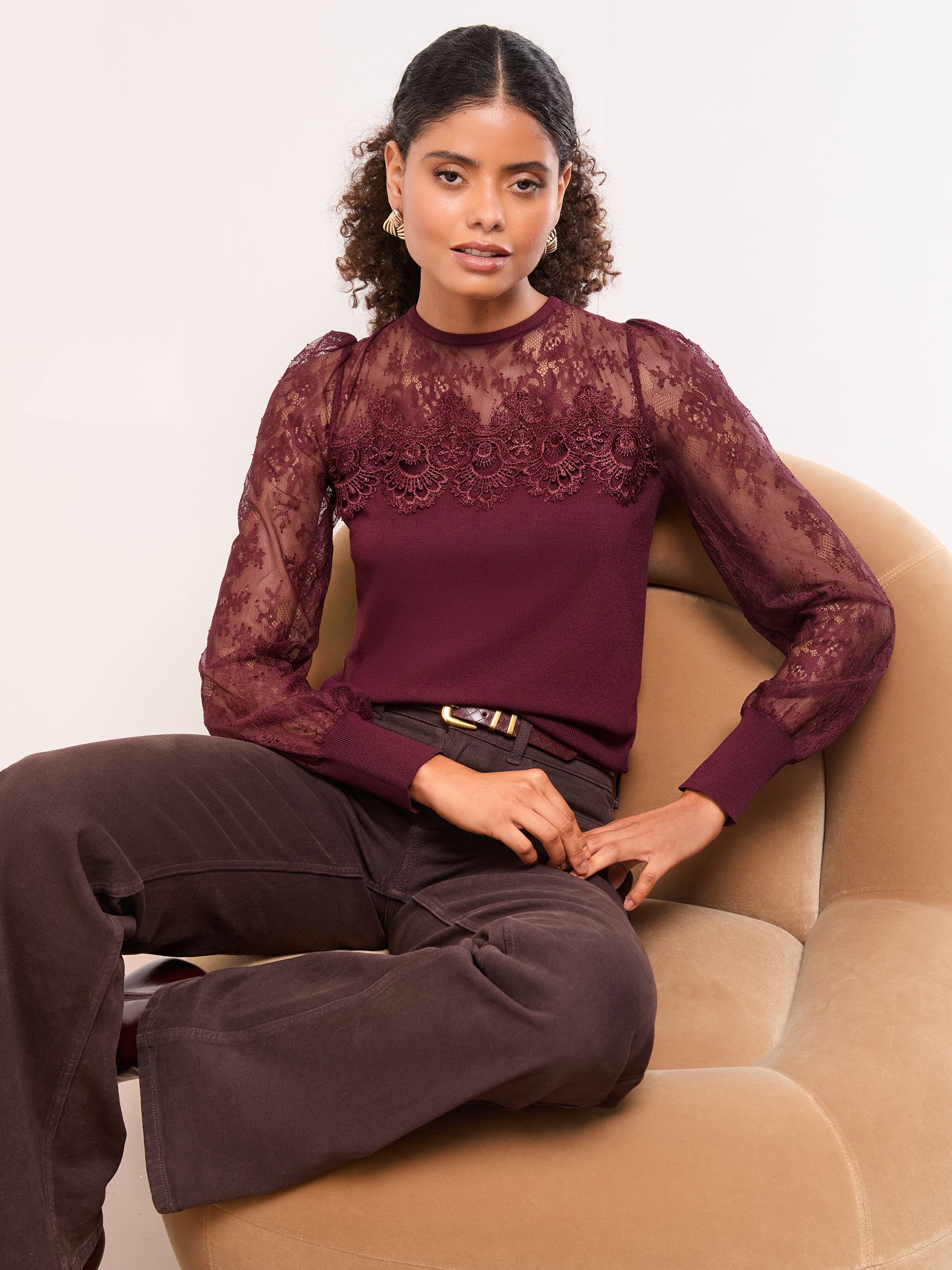 Buy Lipsy Burgundy Red Flower Lace Yoke Detail Knit Ribbed Jumper