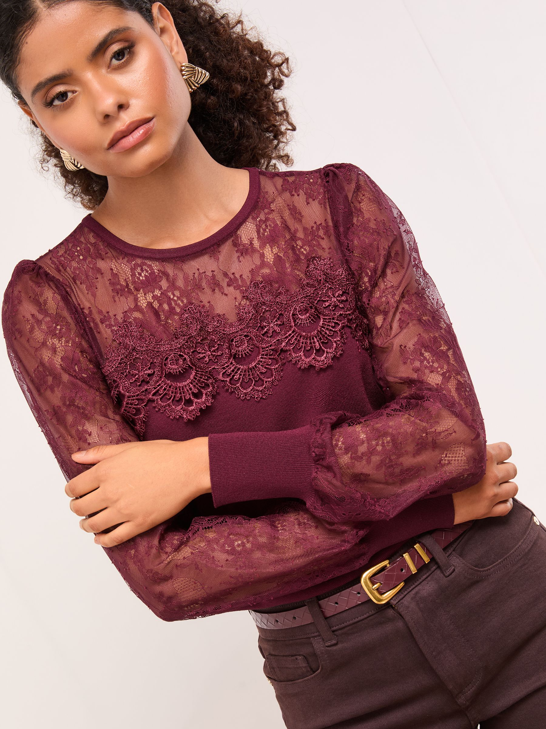 Buy Lipsy Burgundy Red Flower Lace Yoke Detail Knit Ribbed Jumper
