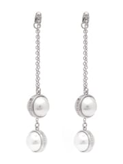 Karen Millen Silver Tone Logo Pearl Double Drop Earrings - Image 1 of 3