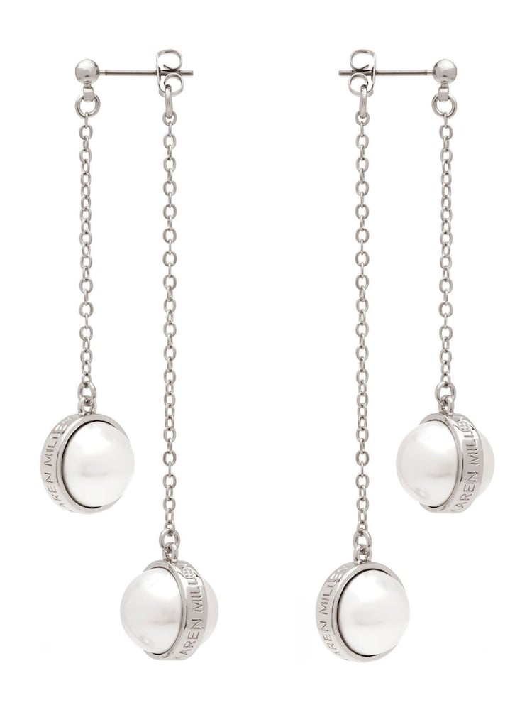 Karen Millen Silver Tone Logo Pearl Double Drop Earrings - Image 2 of 3