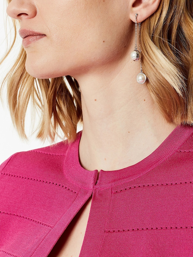 Karen Millen Silver Tone Logo Pearl Double Drop Earrings - Image 3 of 3