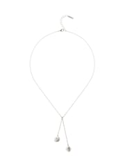 Karen Millen Silver Tone Logo Pearl Double Drop Necklace - Image 1 of 2