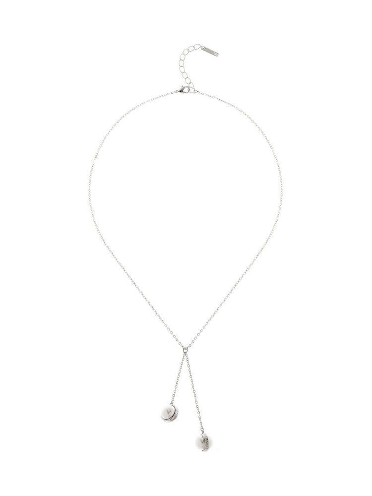 Karen Millen Silver Tone Logo Pearl Double Drop Necklace - Image 1 of 2