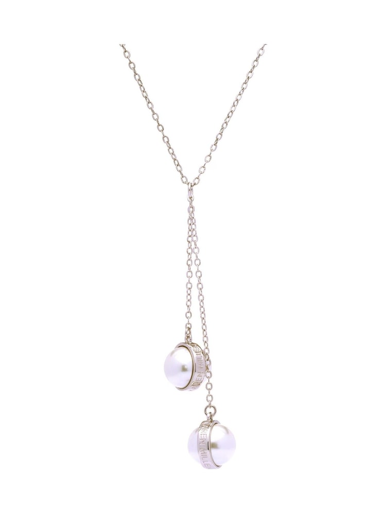 Karen Millen Silver Tone Logo Pearl Double Drop Necklace - Image 2 of 2