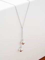 Karen Millen Silver Tone Logo Pearl Double Drop Necklace - Image 3 of 4