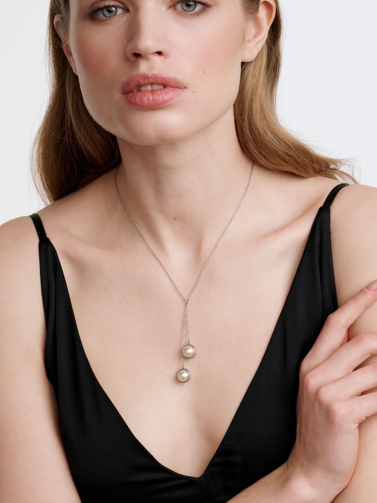Karen Millen Silver Tone Logo Pearl Double Drop Necklace - Image 4 of 4