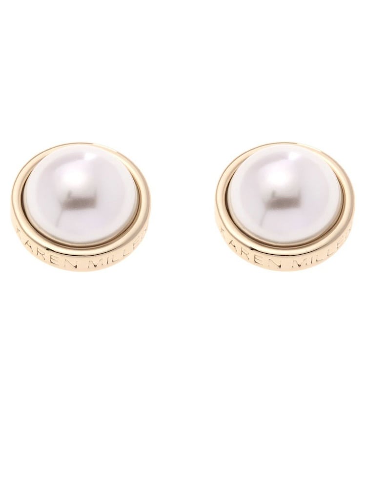 Karen Millen Gold Tone Logo Pearl Stud Earrings - Image 1 of 3