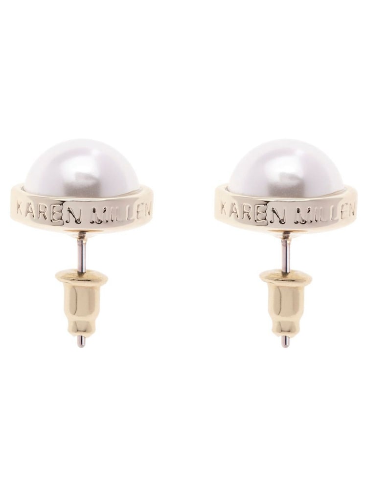 Karen Millen Gold Tone Logo Pearl Stud Earrings - Image 2 of 3