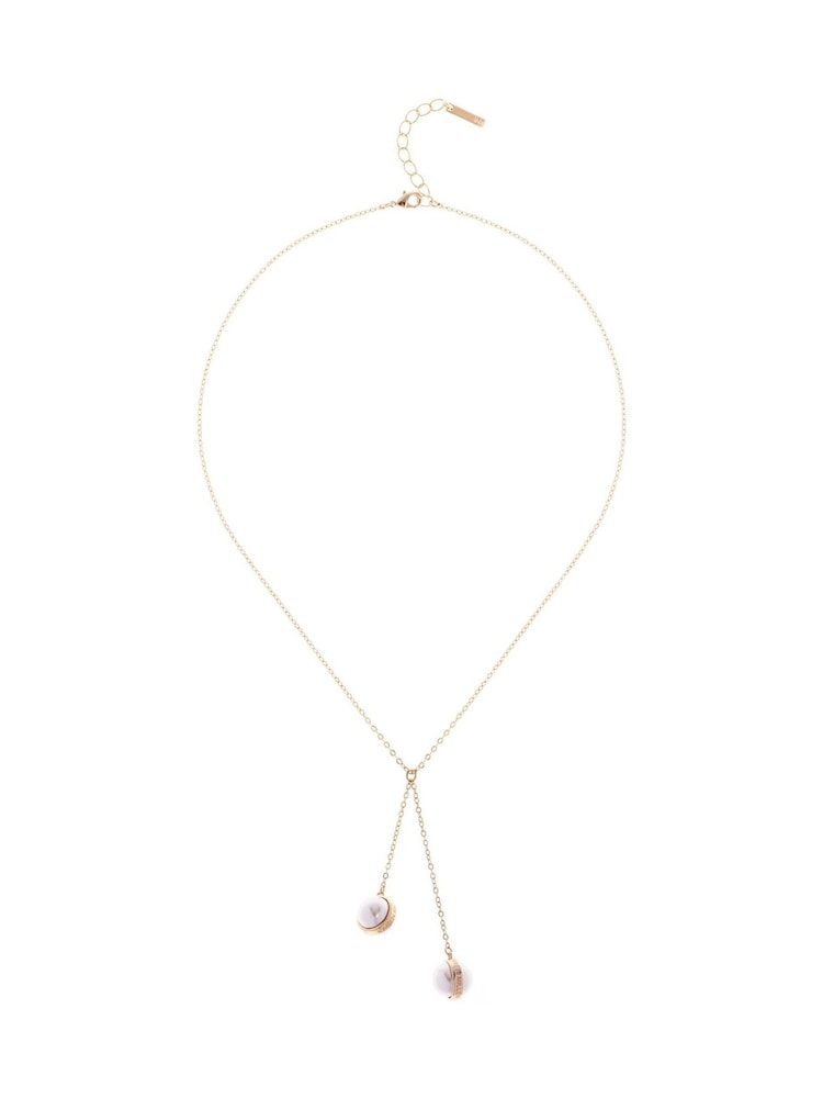 Karen Millen Gold Tone Logo Pearl Double Drop Necklace - Image 1 of 2