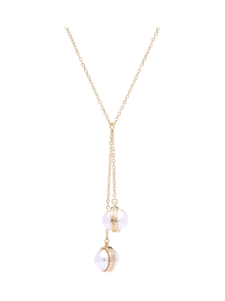 Karen Millen Gold Tone Logo Pearl Double Drop Necklace - Image 2 of 2