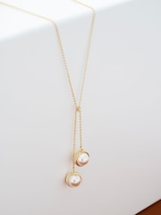 Karen Millen Gold Tone Logo Pearl Double Drop Necklace - Image 4 of 4