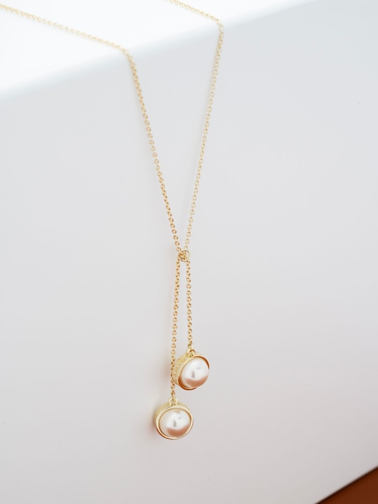 Karen Millen Gold Tone Logo Pearl Double Drop Necklace - Image 4 of 4