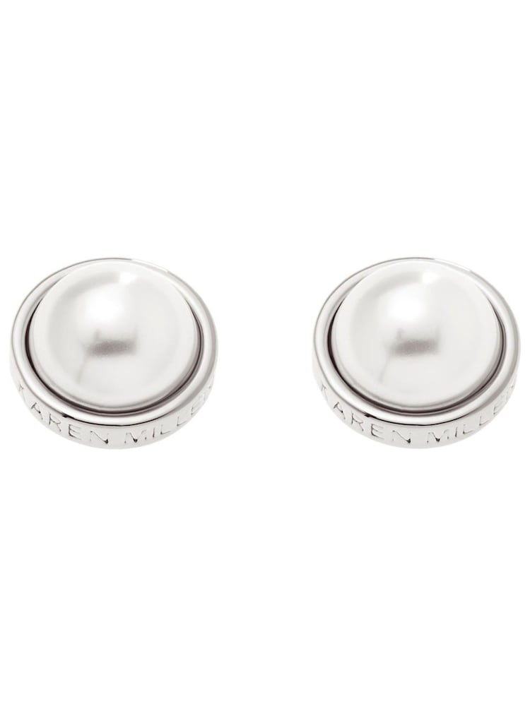 Karen Millen Silver Tone Logo Pearl Stud Earrings - Image 1 of 2