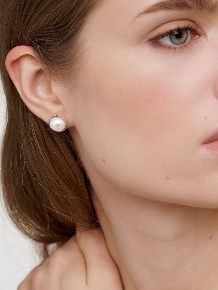 Karen Millen Silver Tone Logo Pearl Stud Earrings - Image 1 of 5 Karen Millen Silver Tone Logo Pearl Stud Earrings - Image 1 of 5