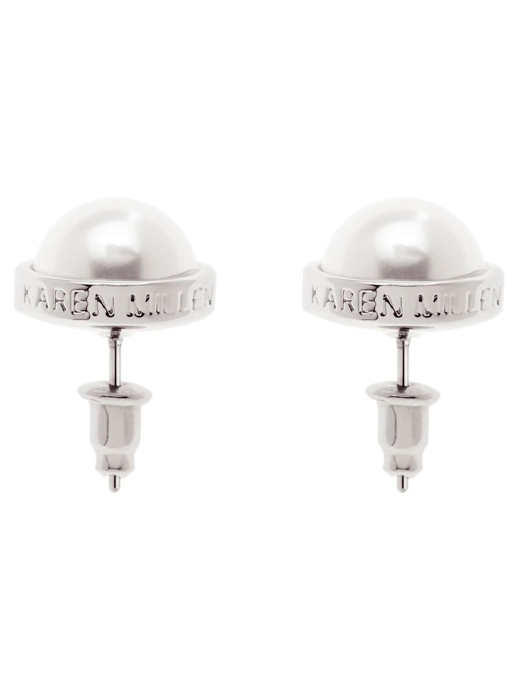 Karen Millen Silver Tone Logo Pearl Stud Earrings - Image 2 of 2