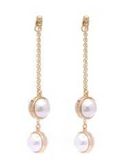 Karen Millen Gold Tone Logo Pearl Double Drop Earrings - Image 1 of 2
