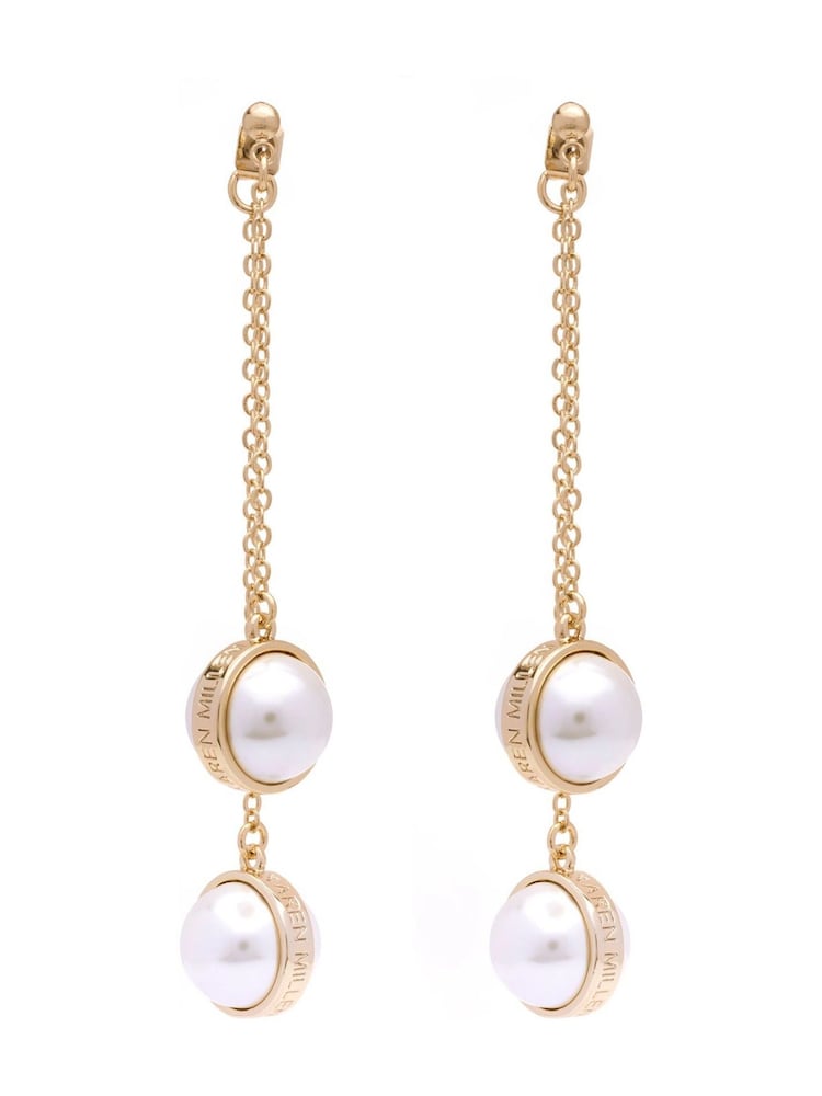 Karen Millen Gold Tone Logo Pearl Double Drop Earrings - Image 1 of 2