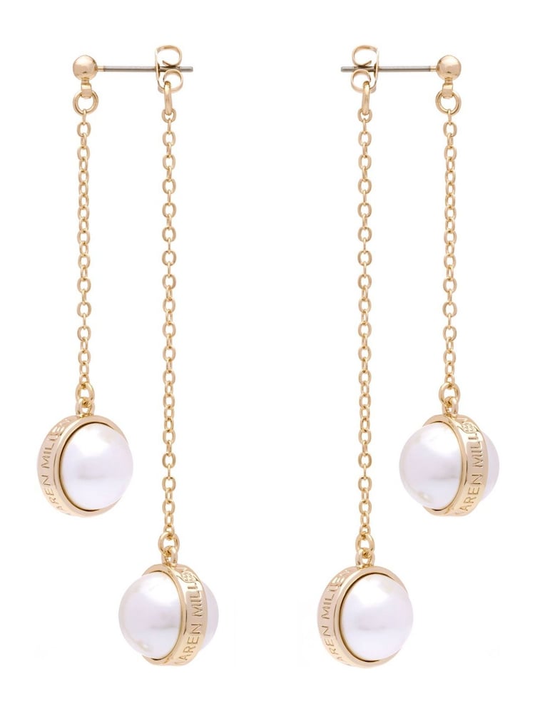 Karen Millen Gold Tone Logo Pearl Double Drop Earrings - Image 2 of 2