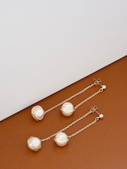 Karen Millen Gold Tone Logo Pearl Double Drop Earrings - Image 4 of 5