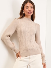 Lipsy Neutral High Neck Cable Knit Blouson Sleeve Jumper - Image 1 of 6