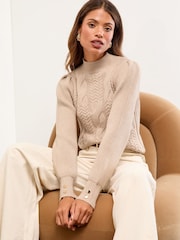Lipsy Neutral High Neck Cable Knit Blouson Sleeve Jumper - Image 2 of 6