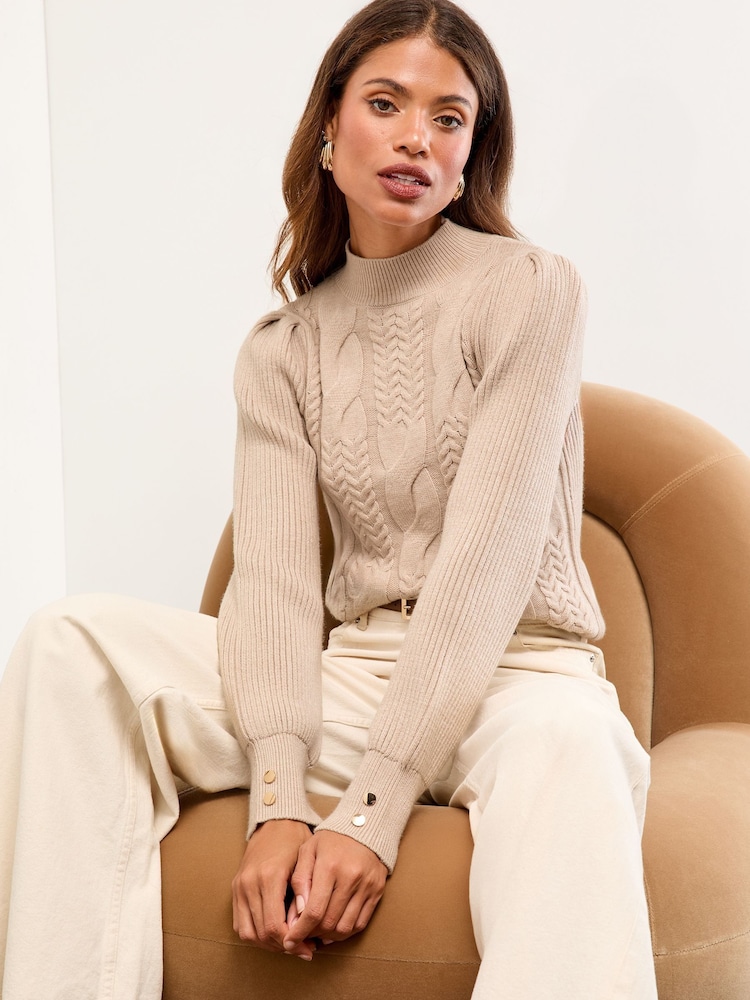 Lipsy Neutral High Neck Cable Knit Blouson Sleeve Jumper - Image 2 of 6