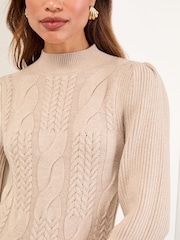 Lipsy Neutral High Neck Cable Knit Blouson Sleeve Jumper - Image 3 of 6