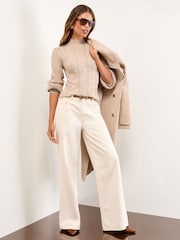Lipsy Neutral High Neck Cable Knit Blouson Sleeve Jumper - Image 4 of 6