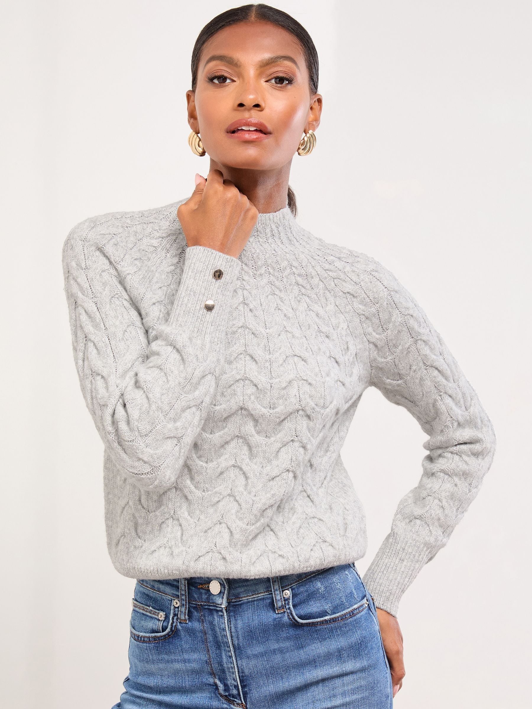 Buy Lipsy Grey With Wool High Neck Cable Knit Blouson Sleeve