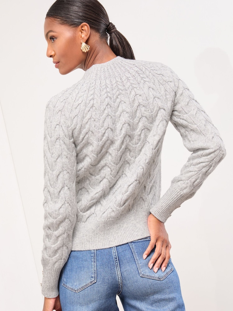Lipsy Grey With Wool High Neck Cable Knit Blouson Sleeve Jumper - Image 2 of 4 Lipsy Grey With Wool High Neck Cable Knit Blouson Sleeve Jumper - Image 2 of 4