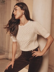 Neutro - Lipsy Short Sleeve Buttoned Cable Knit Top - Imagem 1 de 5