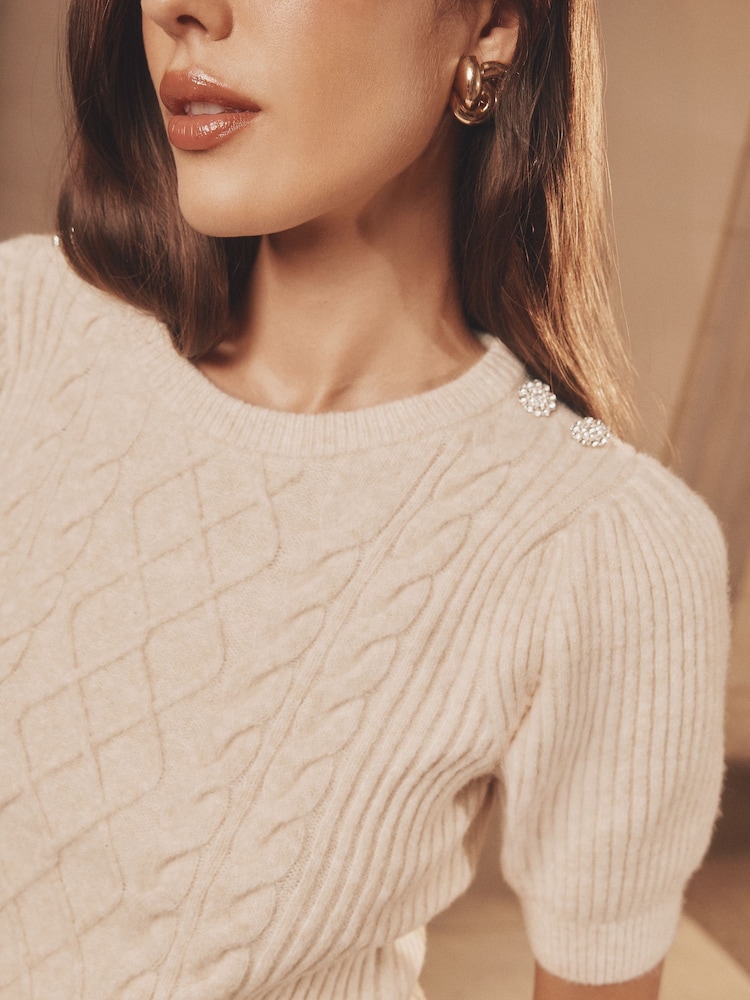 Neutro - Lipsy Short Sleeve Buttoned Cable Knit Top - Imagem 2 de 5