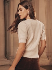 Neutro - Lipsy Short Sleeve Buttoned Cable Knit Top - Imagem 4 de 5