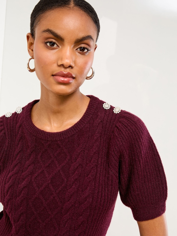 Berry Red - Lipsy Short Sleeve Buttoned Cable Knit Top - Imagem 1 de 4