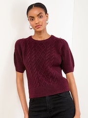 Berry Red - Lipsy Short Sleeve Buttoned Cable Knit Top - Imagem 2 de 4