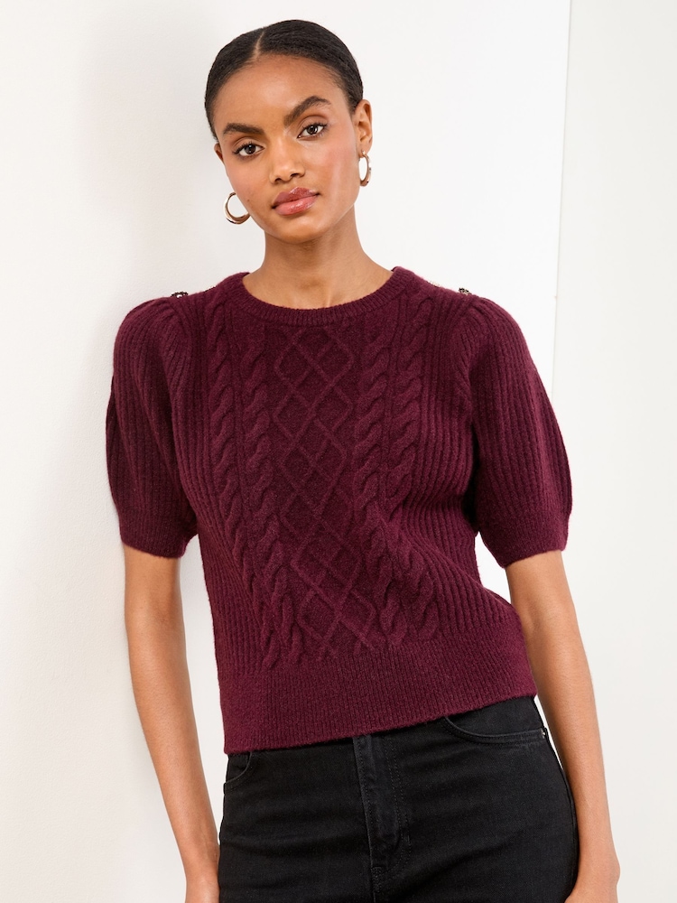 Berry Red - Lipsy Short Sleeve Buttoned Cable Knit Top - Imagem 2 de 4