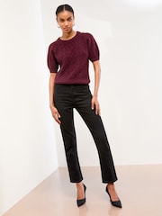 Berry Red - Lipsy Short Sleeve Buttoned Cable Knit Top - Imagem 3 de 4