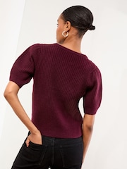 Berry Red - Lipsy Short Sleeve Buttoned Cable Knit Top - Imagem 4 de 4