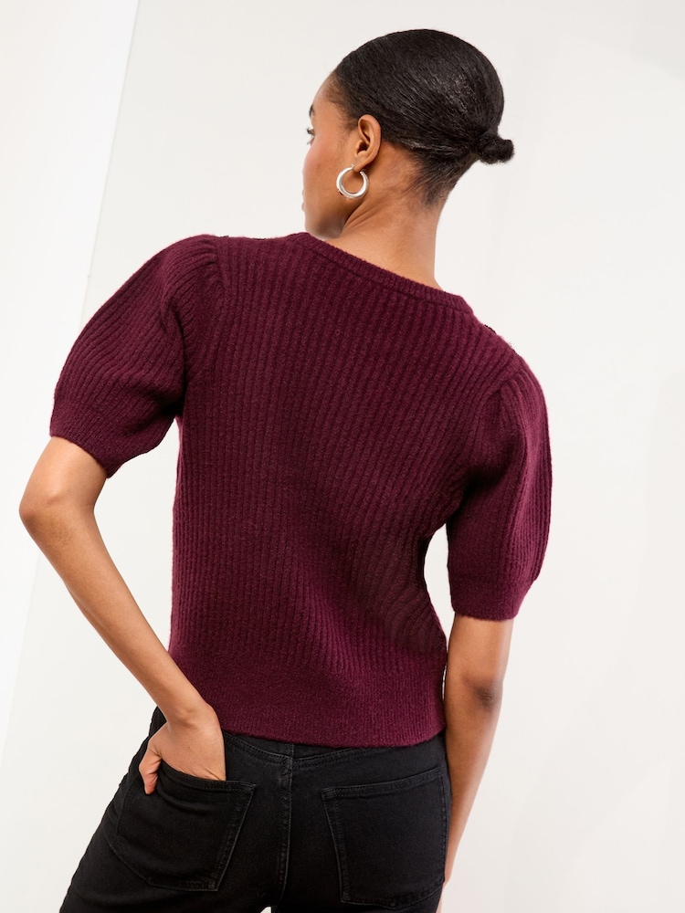 Berry Red - Lipsy Short Sleeve Buttoned Cable Knit Top - Imagem 4 de 4